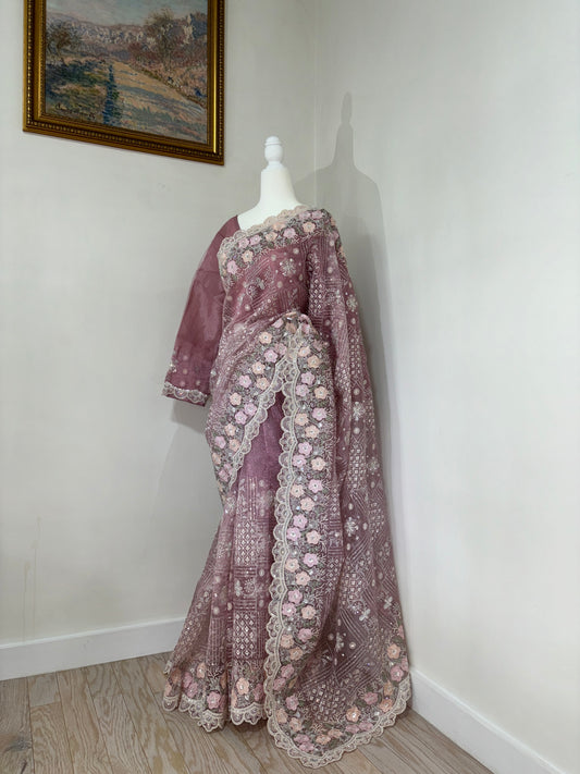 Net Floral Pink Party Wear Saree